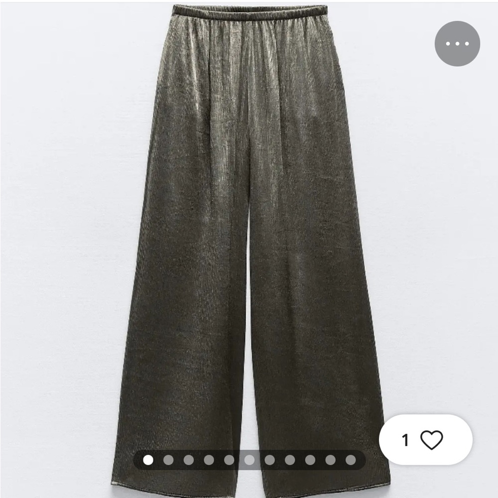 Zara Black Gold Dark Green Wide-Leg Pleated Metallic Pants with Elastic Waist M